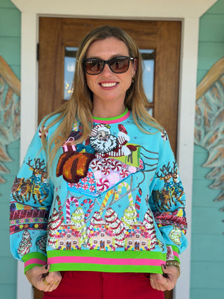 Queen of Sparkles Aqua Santa Gingerbread Sweatshirt