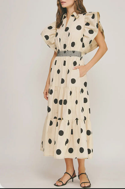Cream & Black Polka Dot Midi Dress