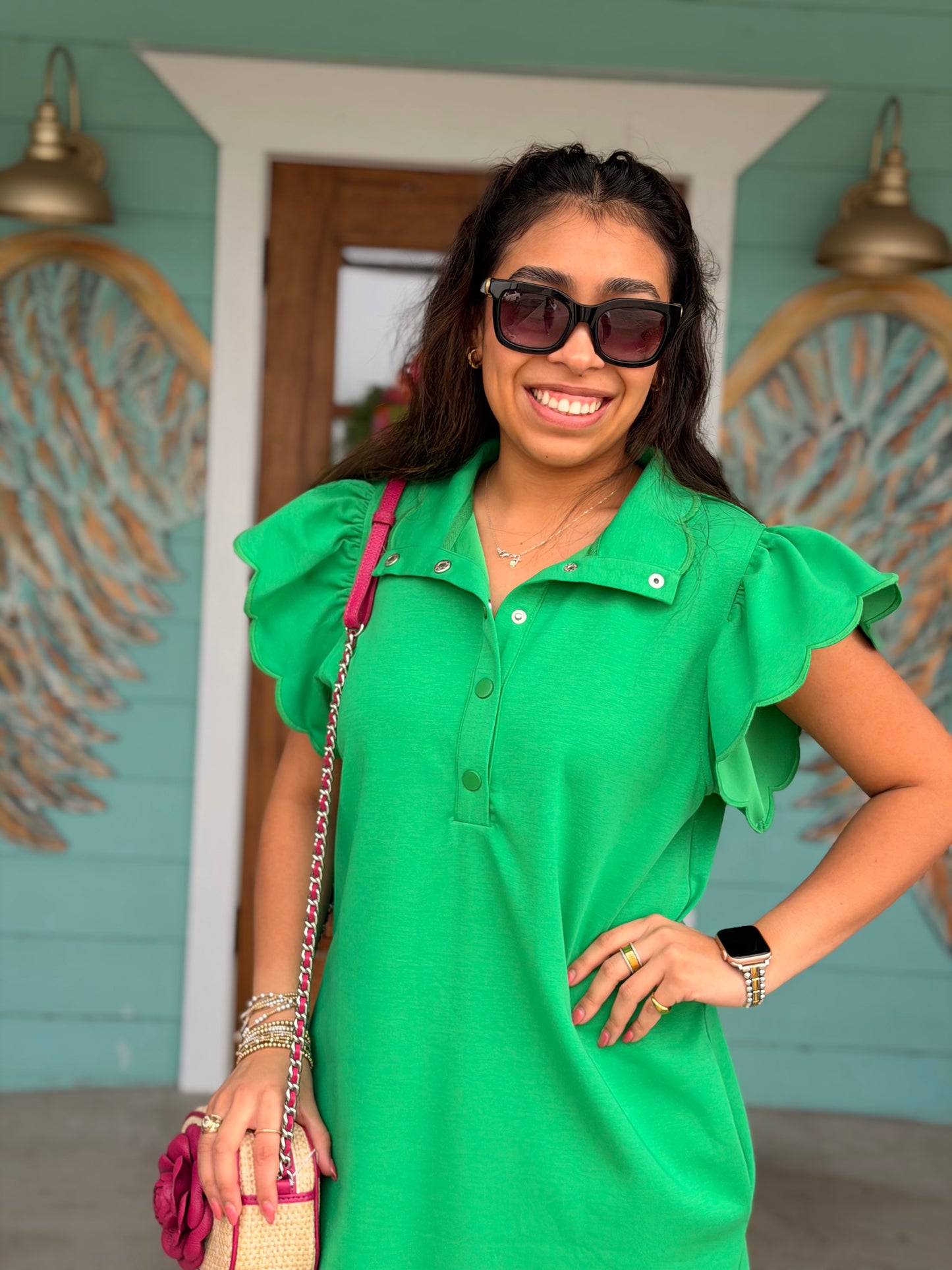 Green Scallop Sleeve Dress