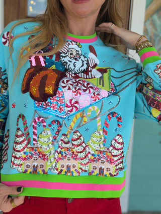 Queen of Sparkles Aqua Santa Gingerbread Sweatshirt
