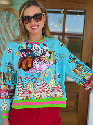 Queen of Sparkles Aqua Santa Gingerbread Sweatshirt