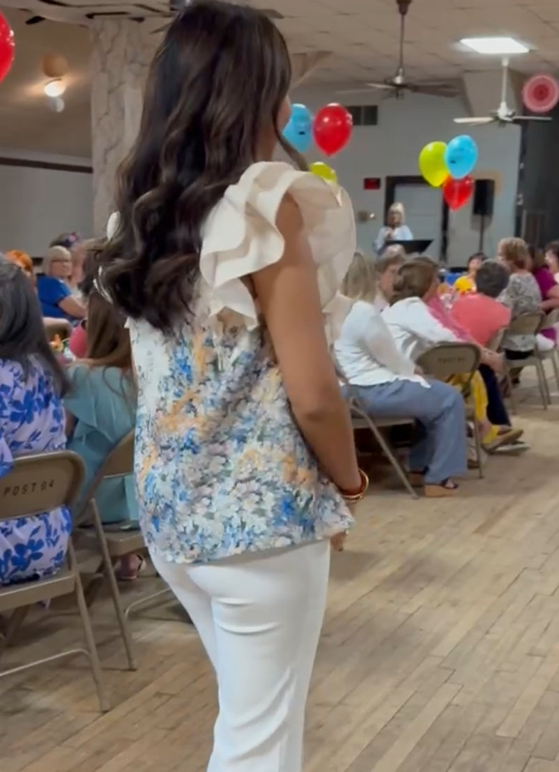 Natural Blue Floral Tie Neck Blouse