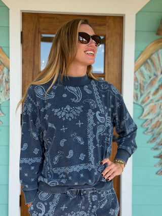 Blue Bandana Print French Terry Mockneck