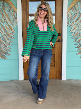 Green Stripe Pink Detail Zip Pullover