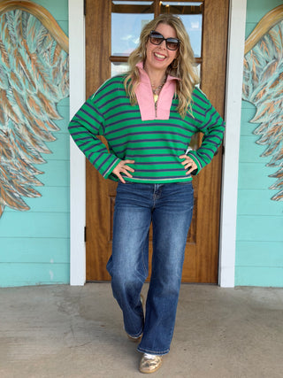 Green Stripe Pink Detail Zip Pullover