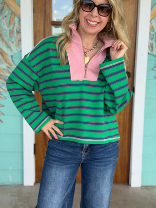 Green Stripe Pink Detail Zip Pullover