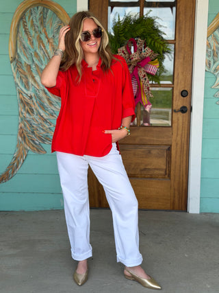 Tomato Red Collared Dolman Top