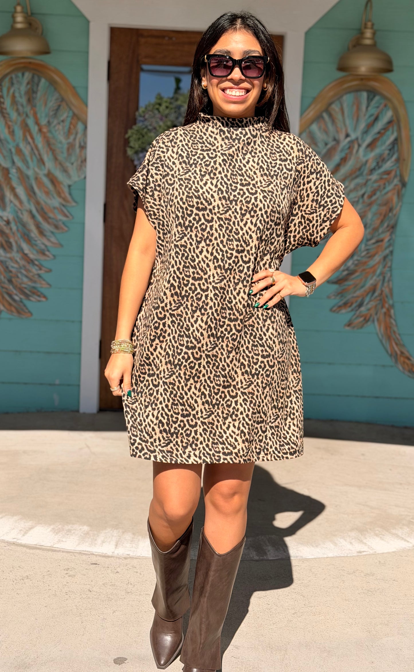 Leopard Mock Neck Mini Dress