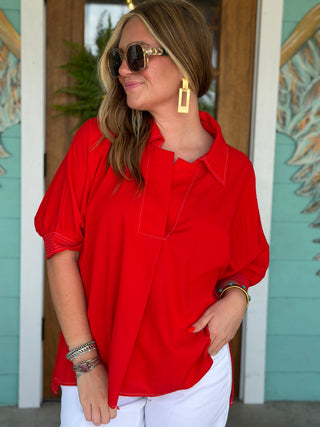 Tomato Red Collared Dolman Top