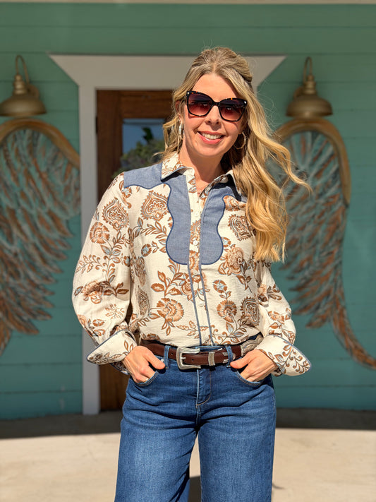 THML Cocoa Blue Floral Detail Button Top