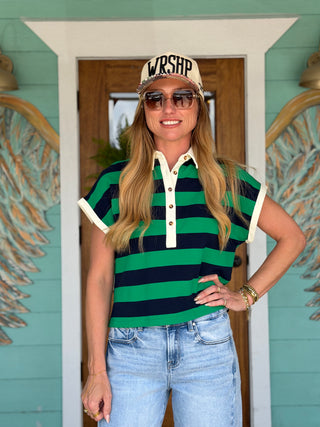Green & Navy Striped Polo Top