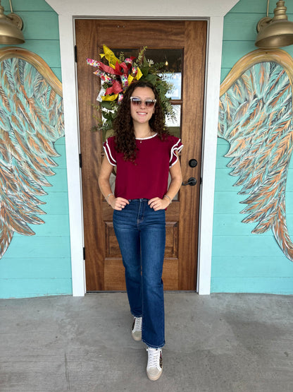 Garnet Contrast Piping Ruffle Sleeve Top