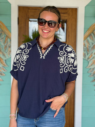 Navy Embroidered Sleeve Cassia Top