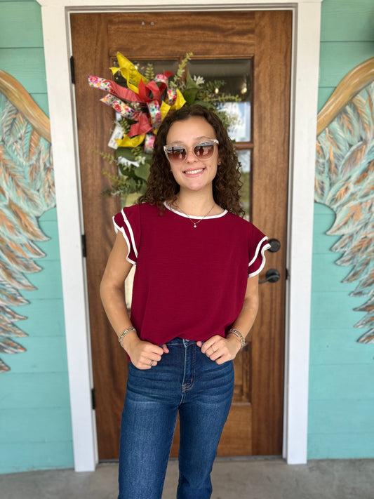 Garnet Contrast Piping Ruffle Sleeve Top