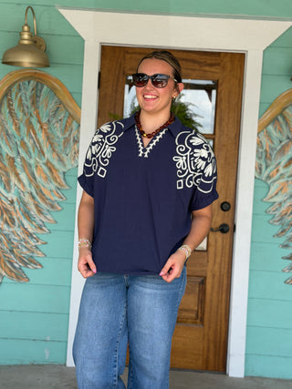 Navy Embroidered Sleeve Cassia Top