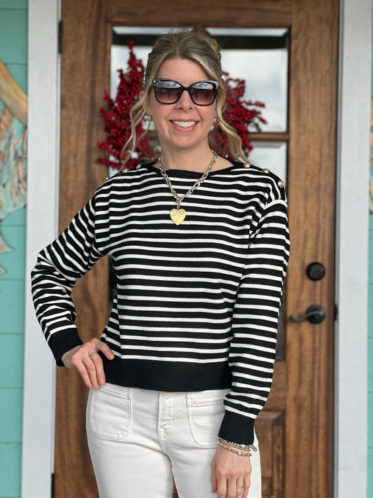 Black Striped Button Detail Sweater