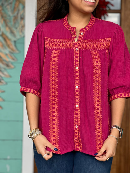 Ivy Jane Raspberry Embroidered Top