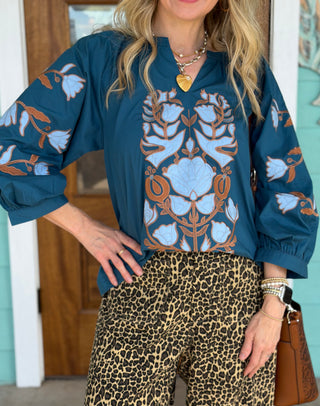 Teal Floral Baroque Top