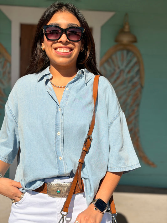 Denim Short Sleeve Button Top