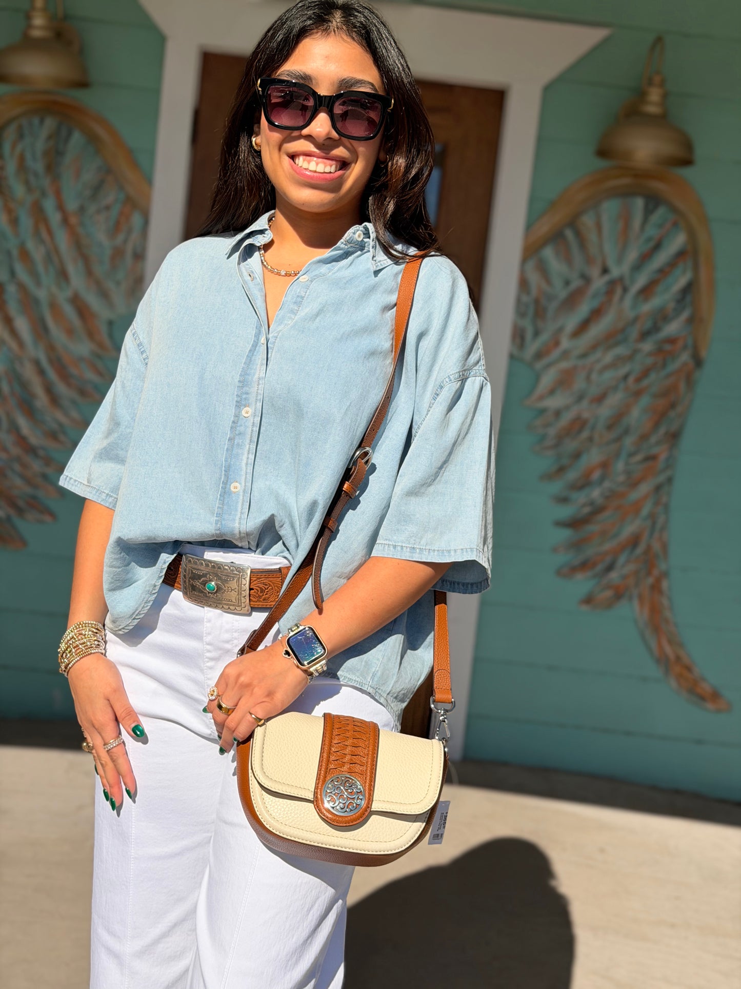 Denim Short Sleeve Button Top