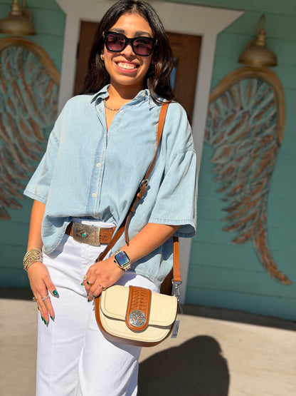 Denim Short Sleeve Button Top