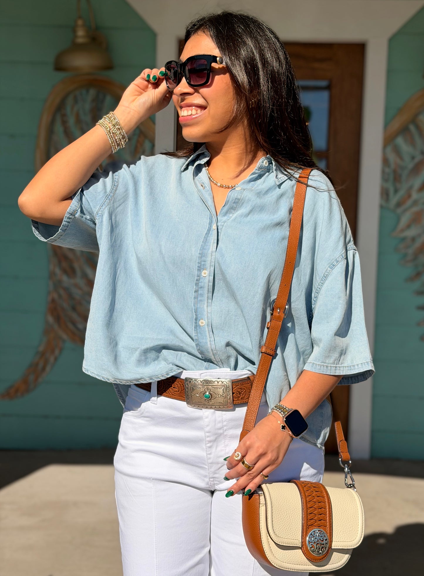 Denim Short Sleeve Button Top