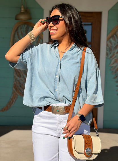 Denim Short Sleeve Button Top