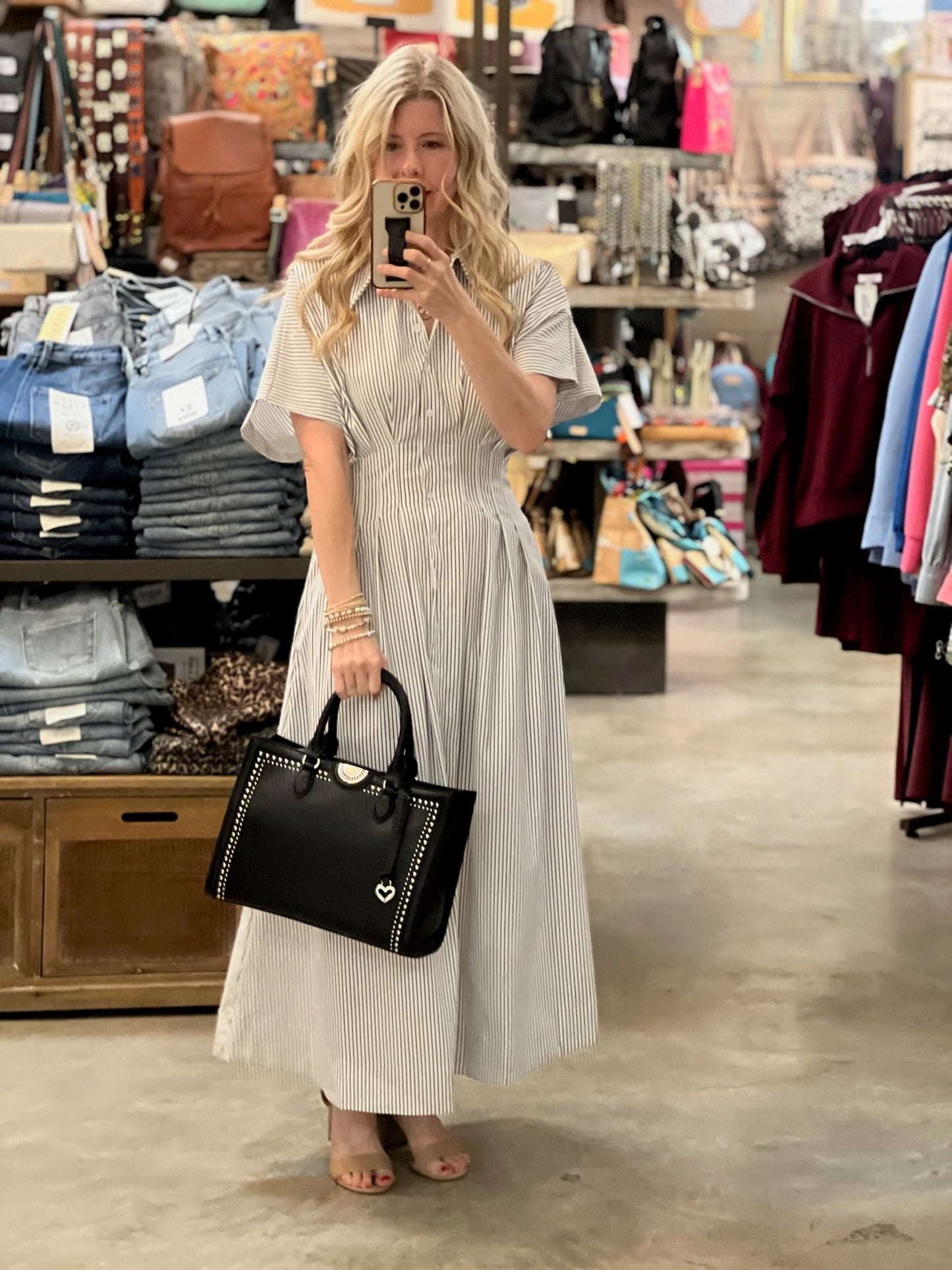 Black Pin Stripe Pleated Midi Dress