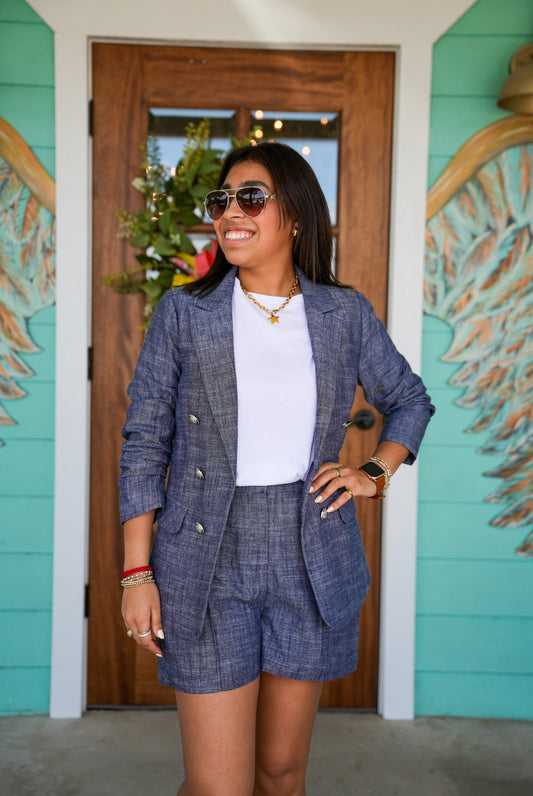 Denim Blue 3/4 Sleeve Blazer