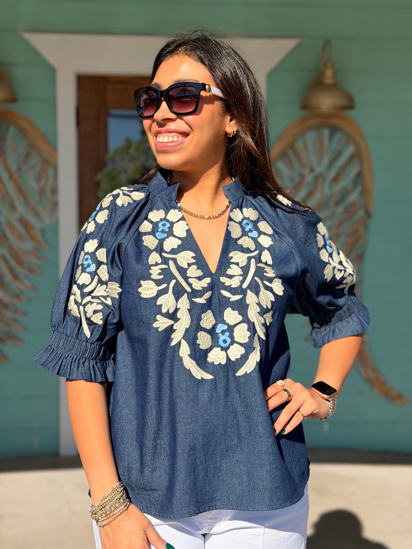 THML Denim Embroidered Floral Top