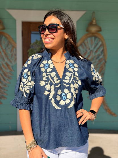 THML Denim Embroidered Floral Top