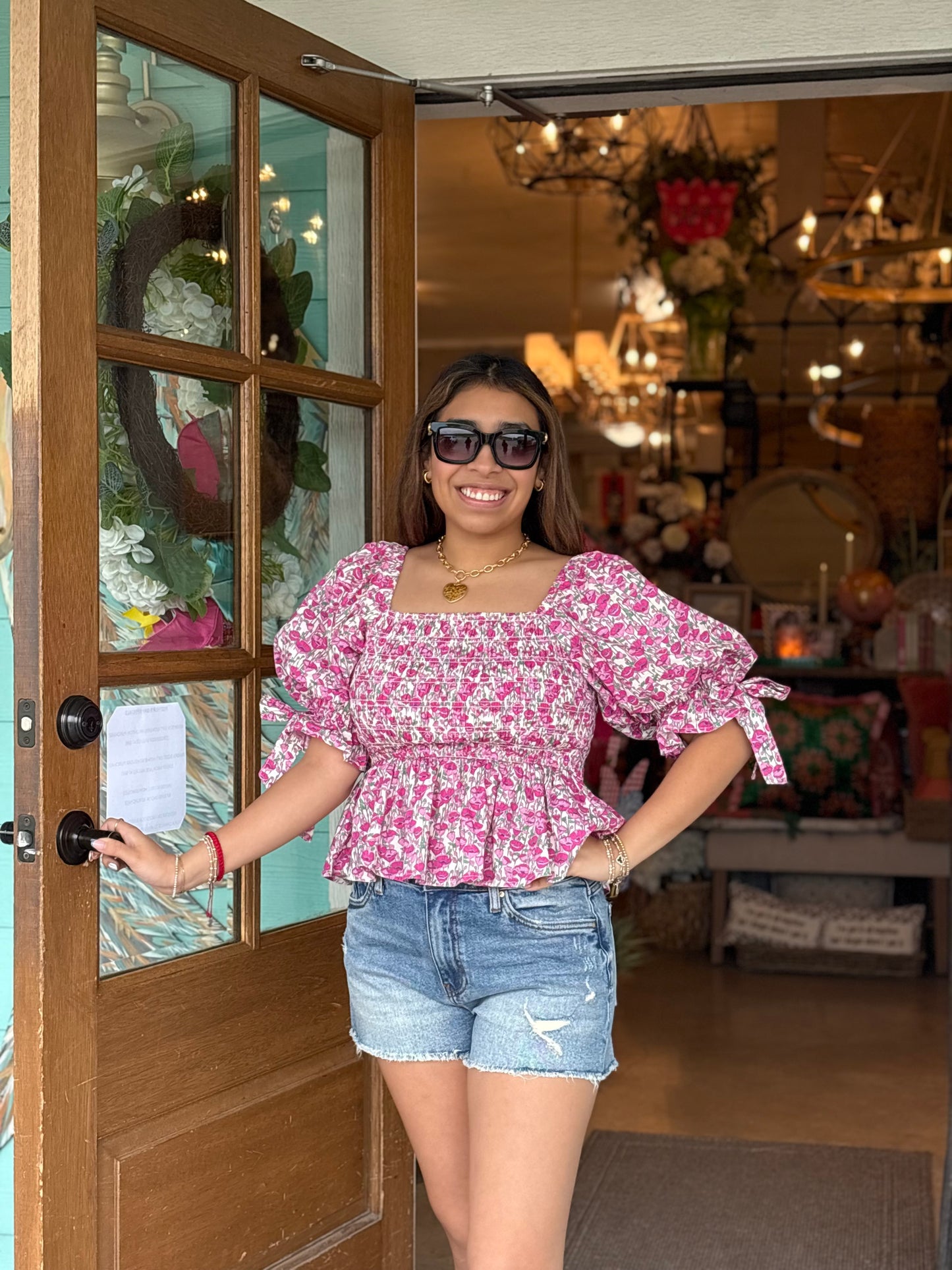 Pink Floral Smocked Top