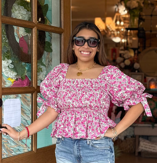 Pink Floral Smocked Top