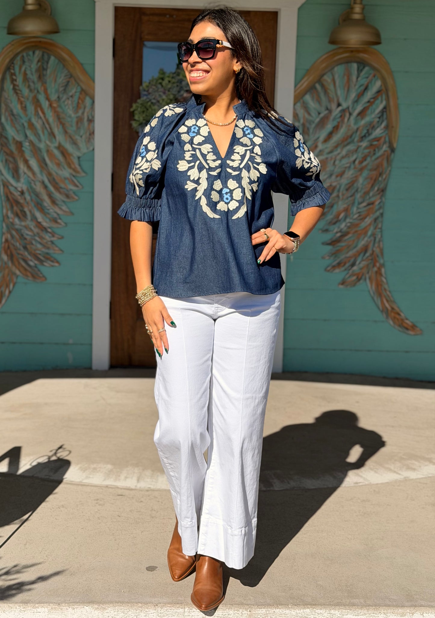 THML Denim Embroidered Floral Top