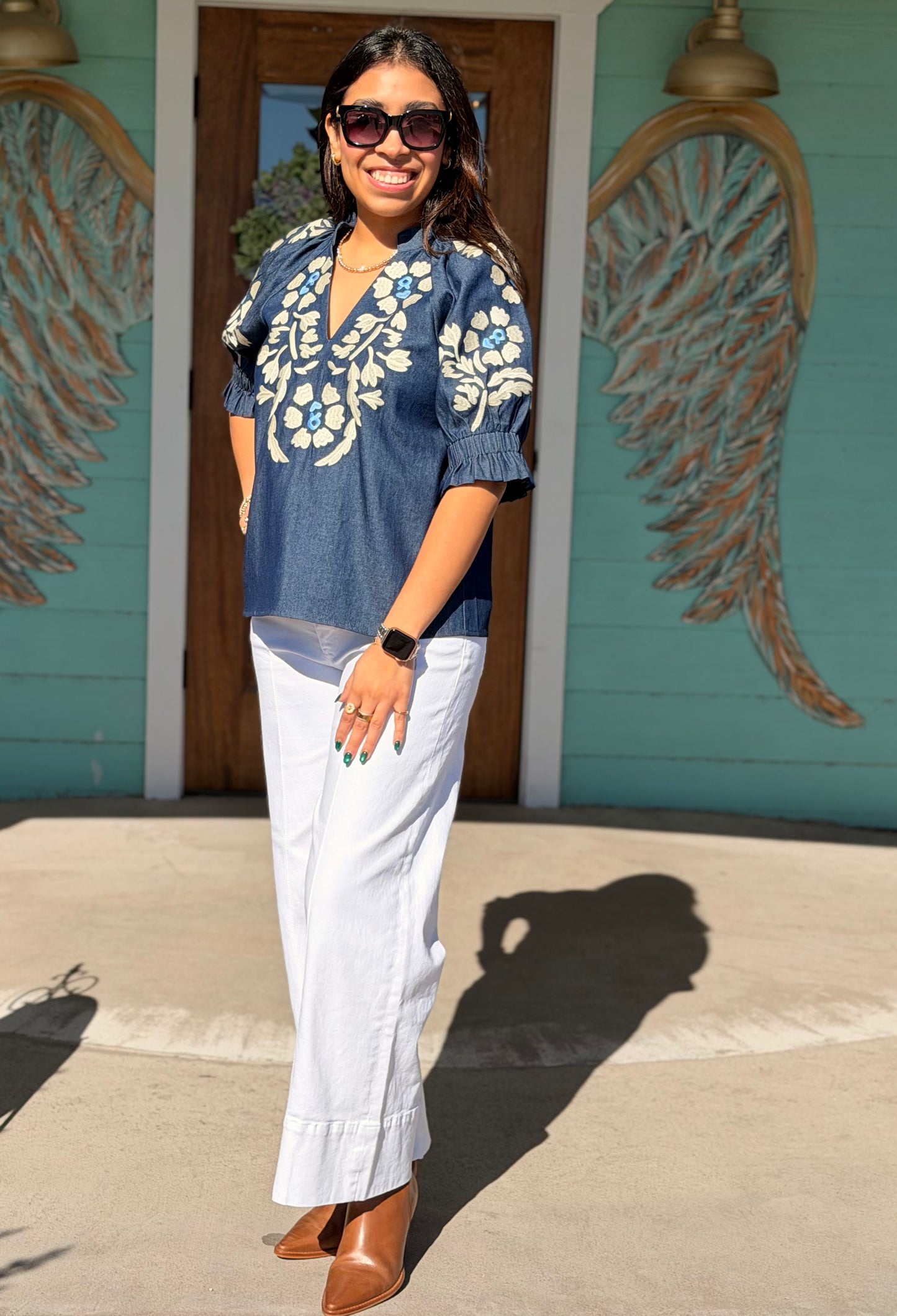 THML Denim Embroidered Floral Top