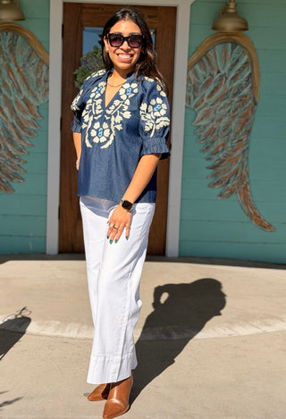 THML Denim Embroidered Floral Top