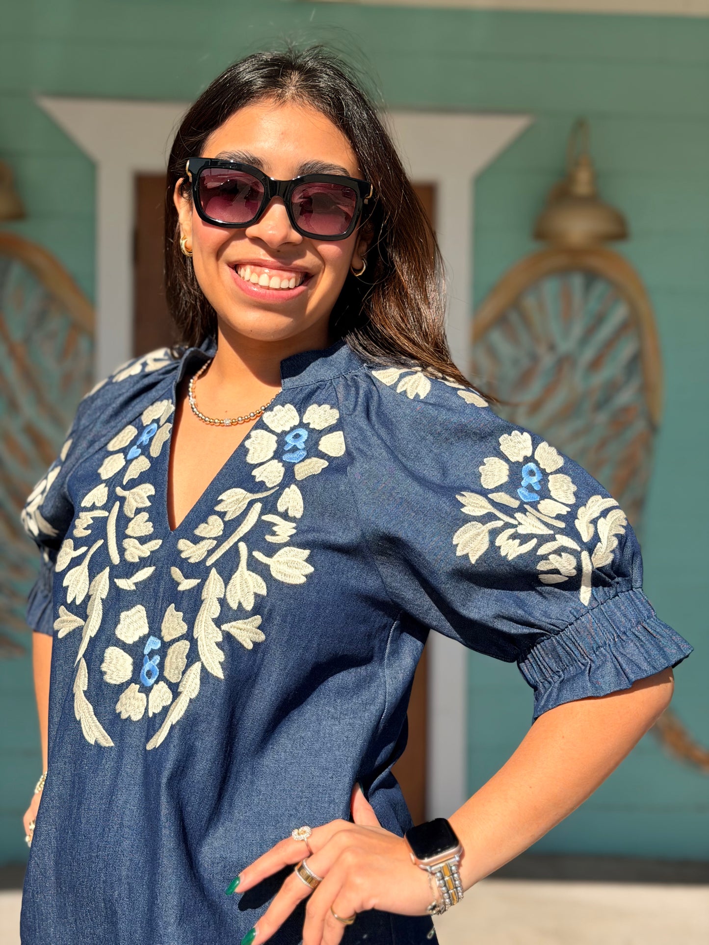 THML Denim Embroidered Floral Top