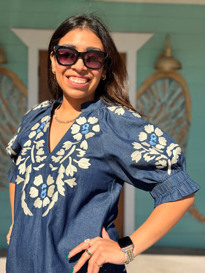 THML Denim Embroidered Floral Top