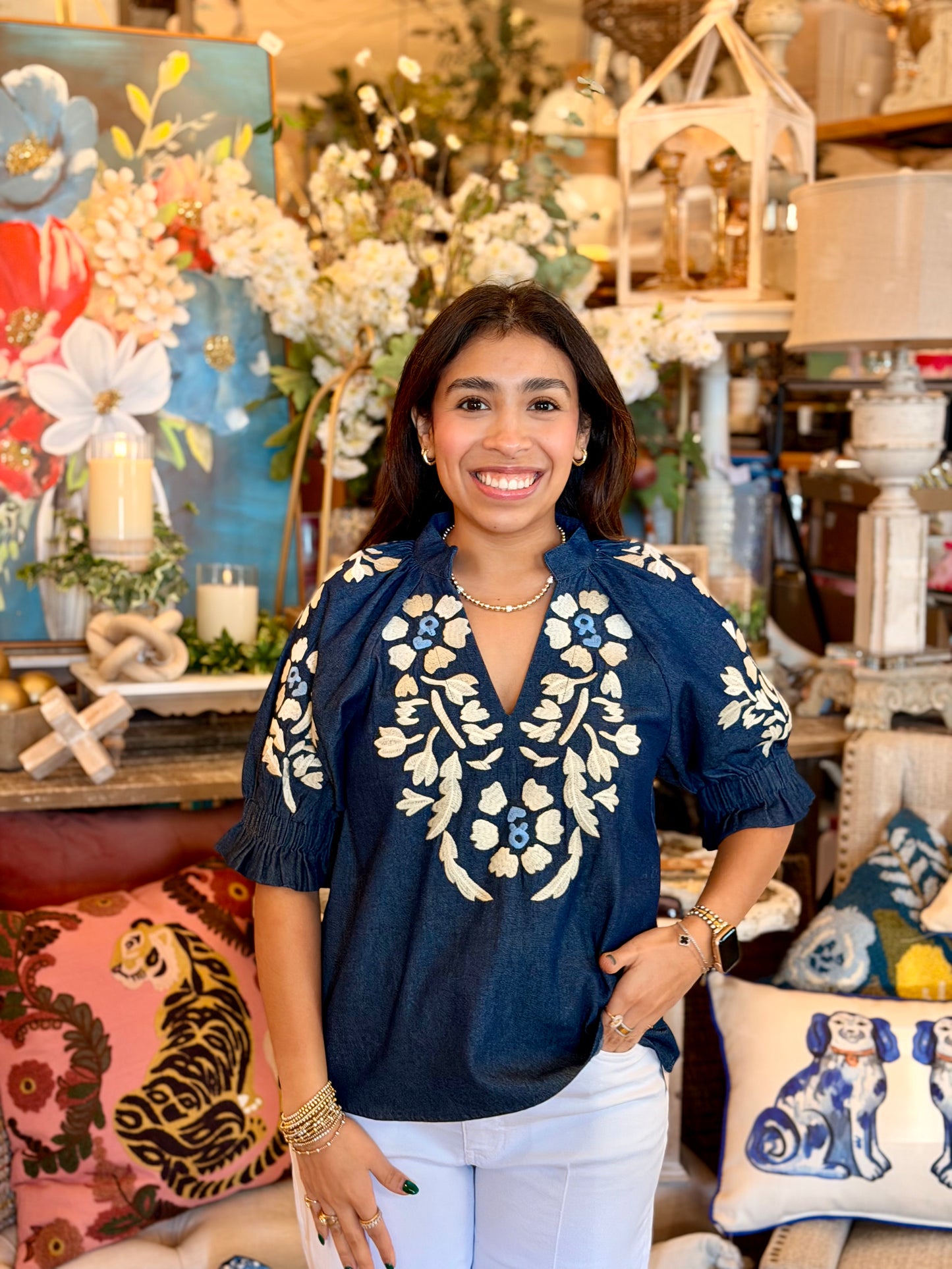 THML Denim Embroidered Floral Top