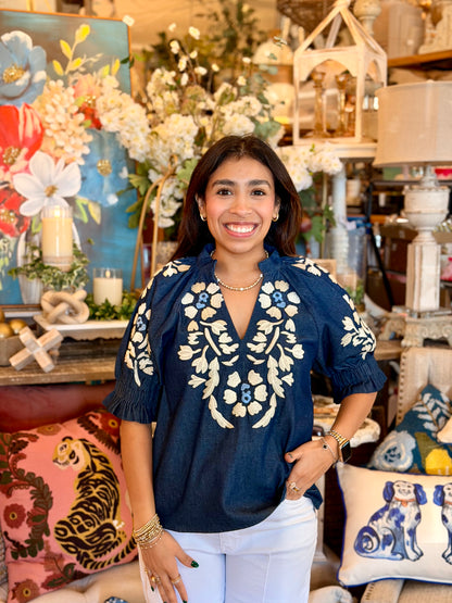 THML Denim Embroidered Floral Top