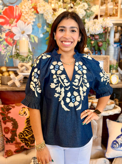 THML Denim Embroidered Floral Top