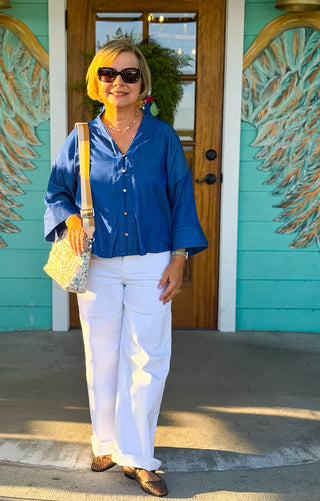 Indigo V-Neck 3/4 Sleeve Blouse