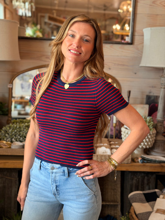 Navy & Cherry Striped Top