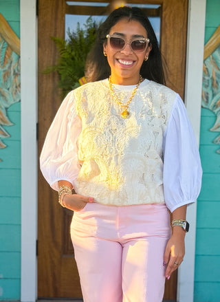 Ivory Contrast Lace Puff Sleeve Top