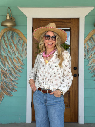 Floral Gauze Cotton Button Down Top
