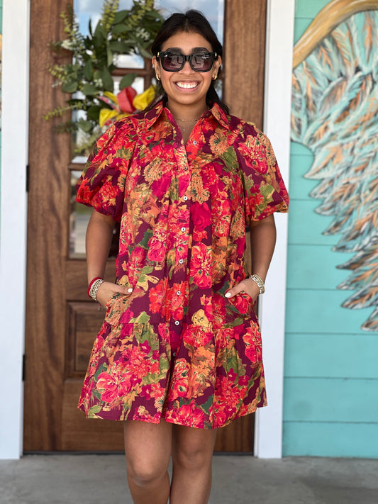 Wine Orange Burst Floral Dress