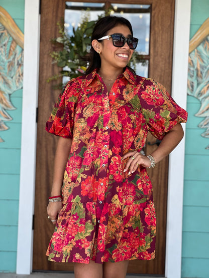Wine Orange Burst Floral Dress