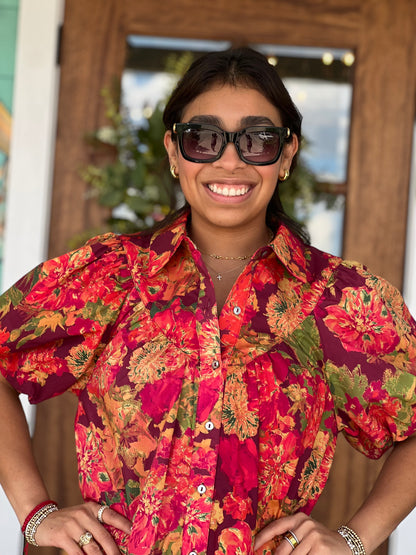 Wine Orange Burst Floral Dress