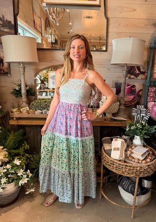 Multi Floral Block Tiered Dress