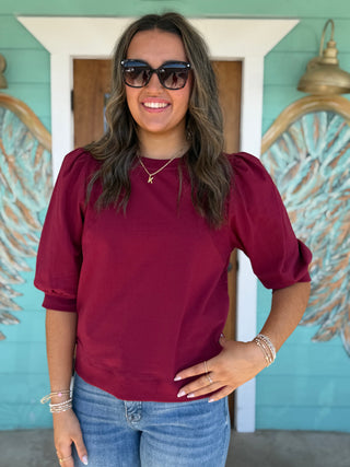 Wine 3/4 Sleeve Detail Top